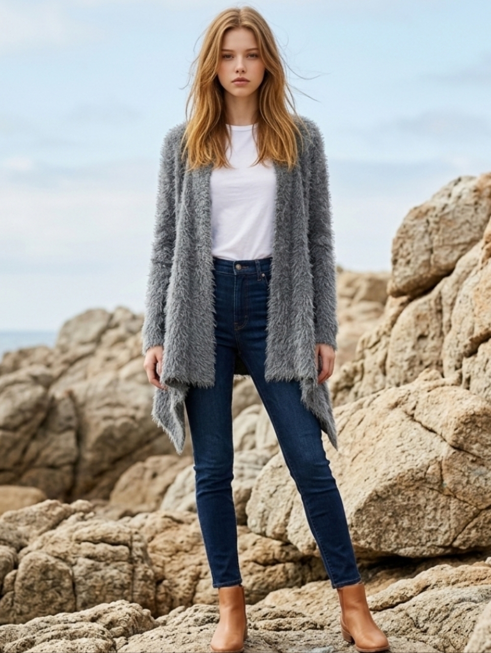 Chic Gray Open Knit Back Fuzzy Material Women's Cardigan Size Small - Picture 9 of 9